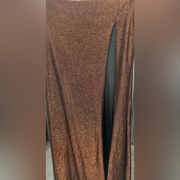 Women’s Jules & Cleo Design Nylon Metallic Spandex Orange Formal Maxi Slit Dress - Picture 9 of 9